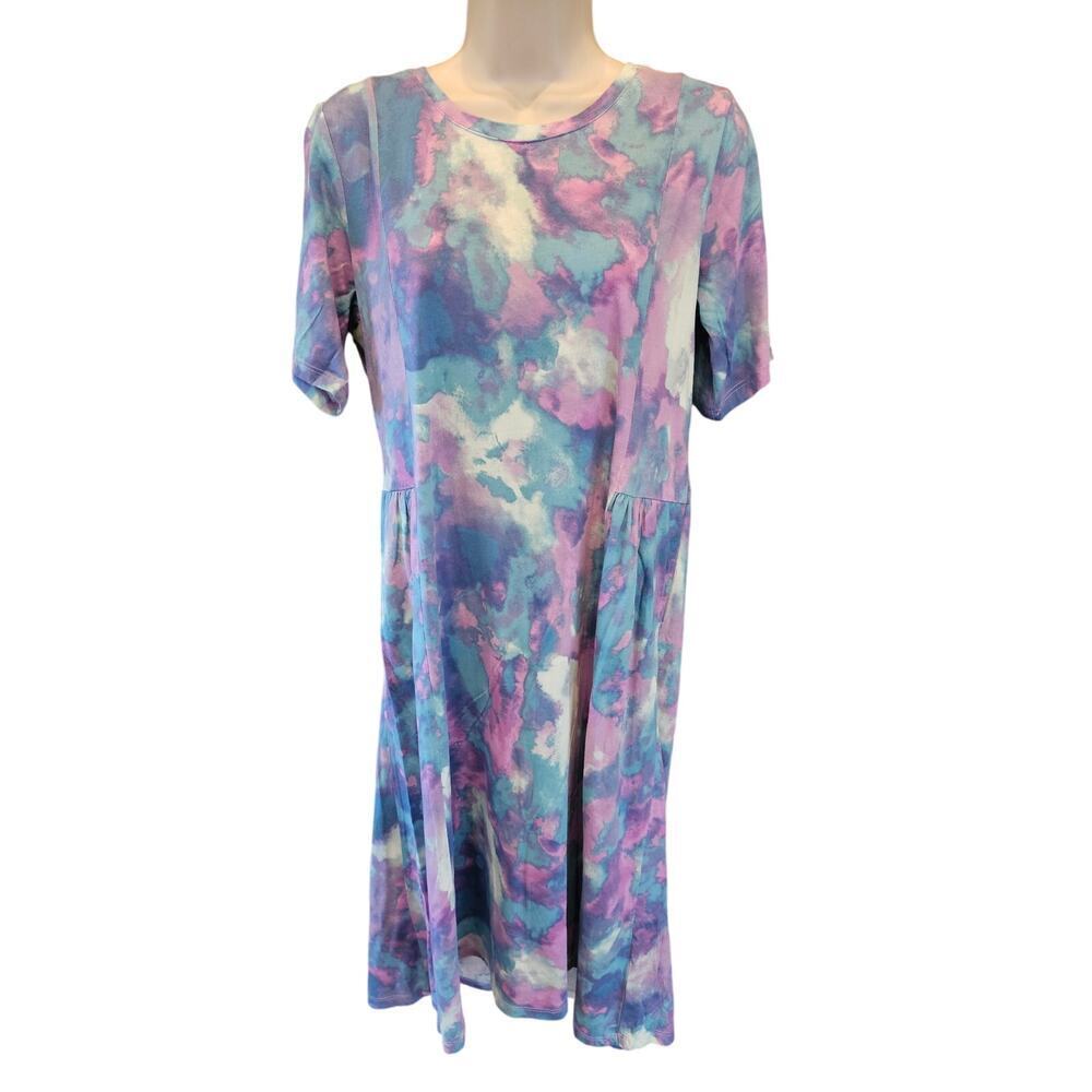 LOGO boho Teal Tie Dye Print Seamed Knit Midi pocket Dress SP S PETITE EUC